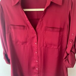 Express Red Notched Collar 3/4 Sleeve Button Down Shirt